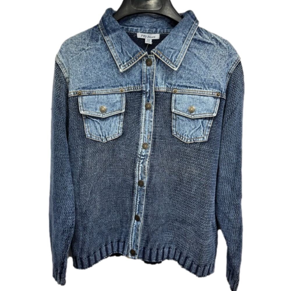 NEW PBJ Blues Acid Washed Indigo Blue Denim Trim Sweater Jacket Extra Large